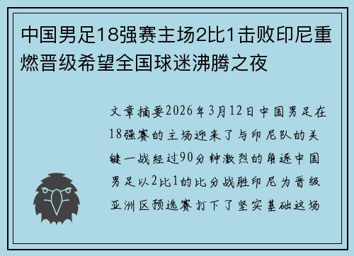 中国男足18强赛主场2比1击败印尼重燃晋级希望全国球迷沸腾之夜 中国男足18强赛主场2比1击败印尼重燃晋级希望全国球迷沸腾之夜